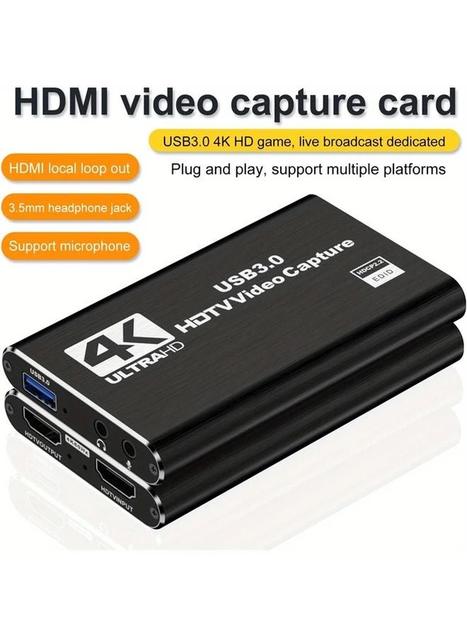 4K USB 3.0 كرت التقاط الفيديو مع كابل HDMI للبث المباشر والألعاب والبث 1080P HD إطار كامل إدخال الصوت أسود - Image 2